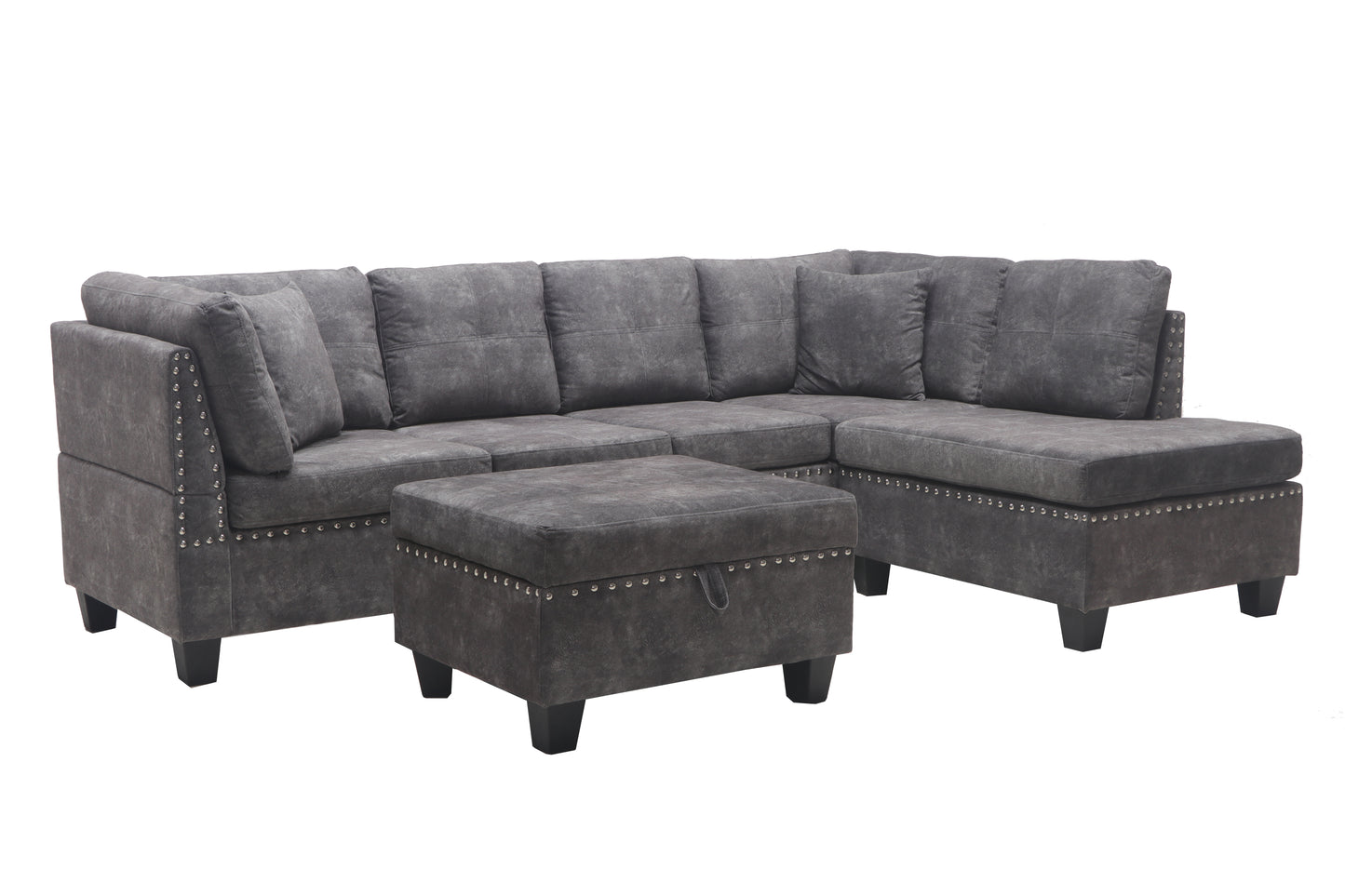 Gray sectional sofa with ottoman on a white background