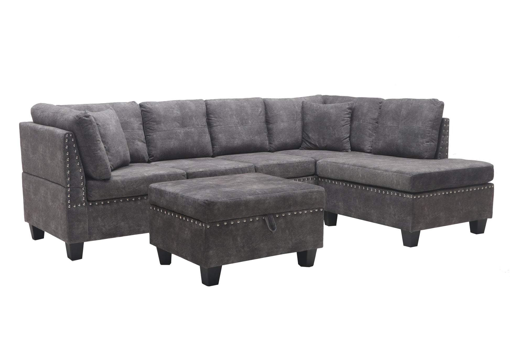 Gray sectional sofa with ottoman on a white background