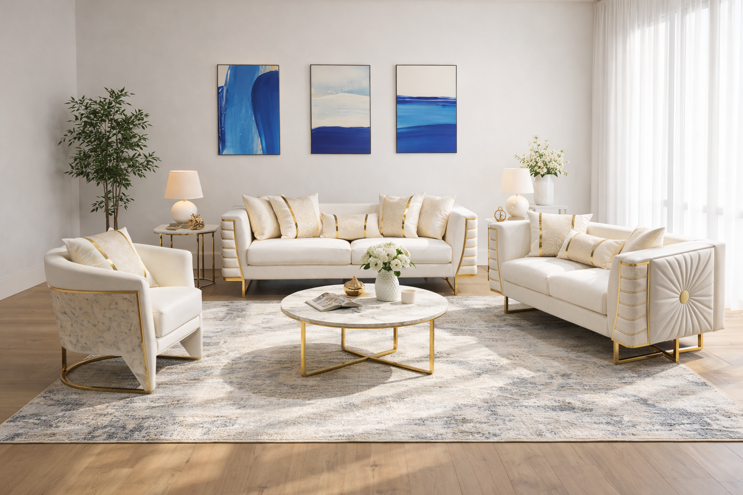 Roma Gold-Beige 3-Piece Velvet Sofa Set