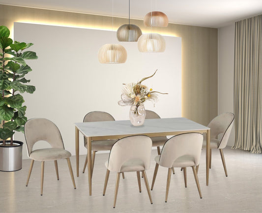 SBDS 15654 - 7 PIECE DINING SET - WHITE/GOLD/BEIGE
