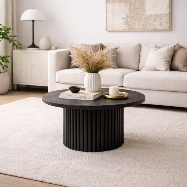 Round Coffee Table - Black Marble & Wood