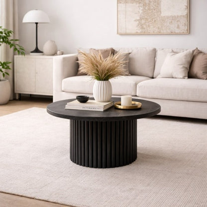 Round Coffee Table - Black Marble & Wood
