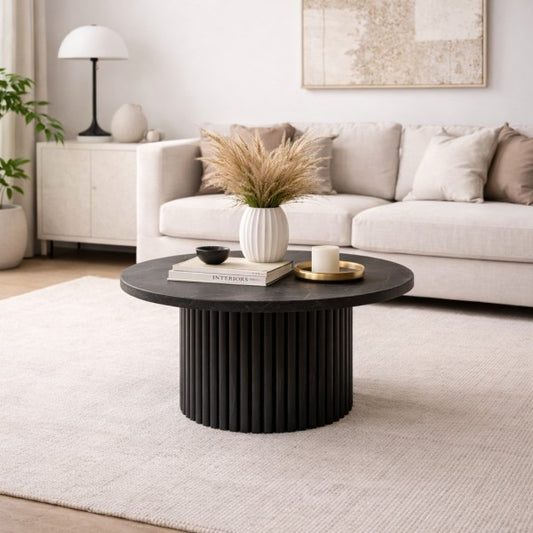 Round Coffee Table - Black Marble & Wood
