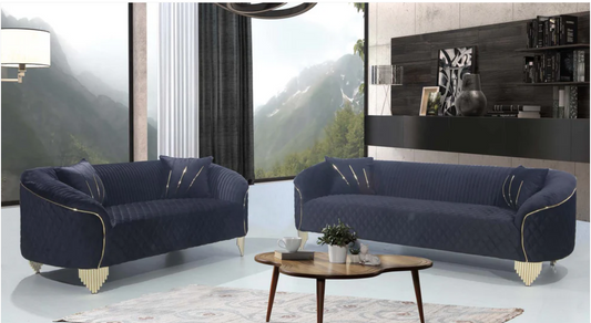 Two navy blue love seat sofa for bedroom with gold accents