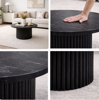 Round Coffee Table - Black Marble & Wood