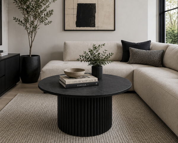 Round Coffee Table - Black Marble & Wood