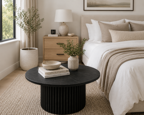 Round Coffee Table - Black Marble & Wood