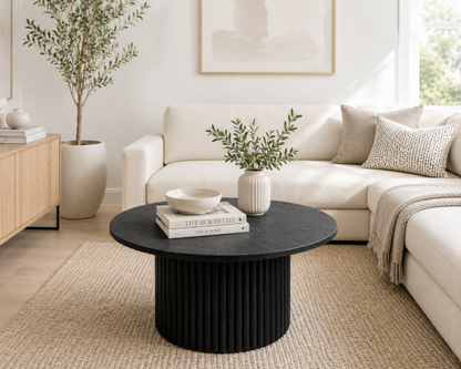 Round Coffee Table - Black Marble & Wood
