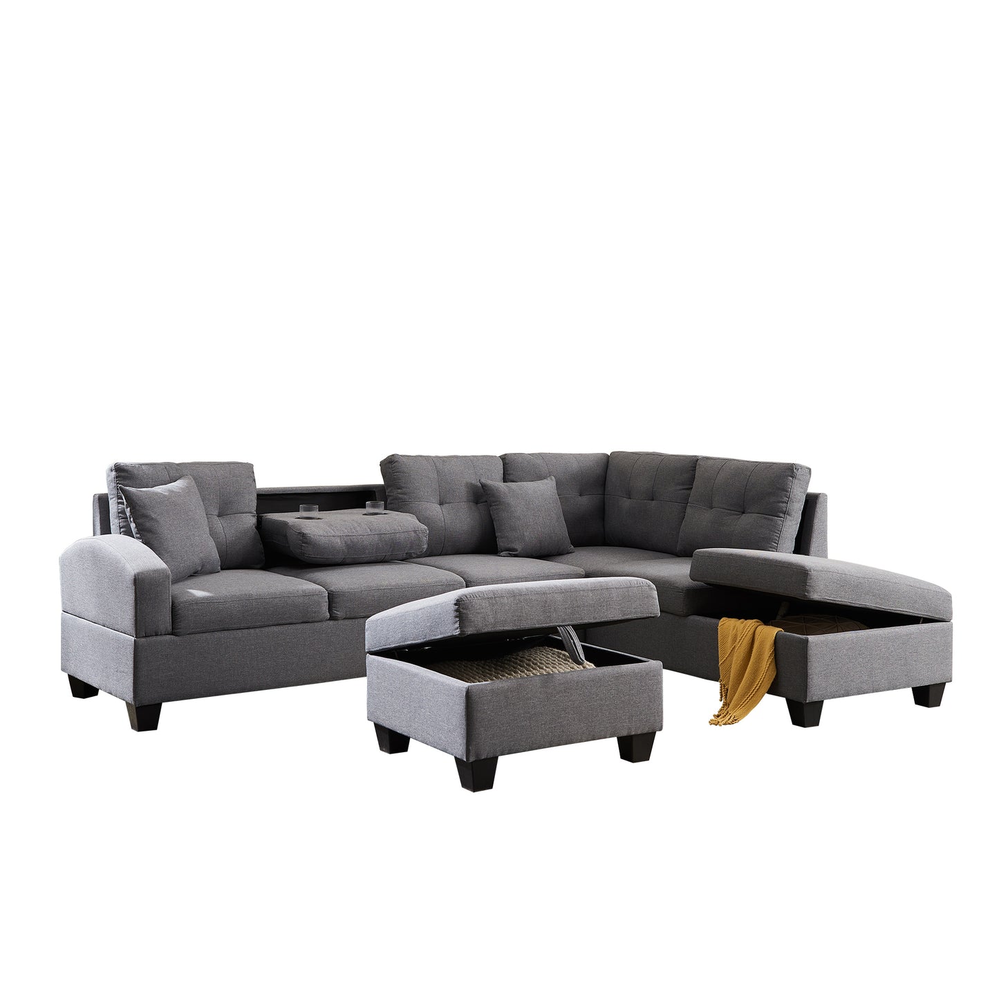 Sectional with drop down cup tray and floating ottoman